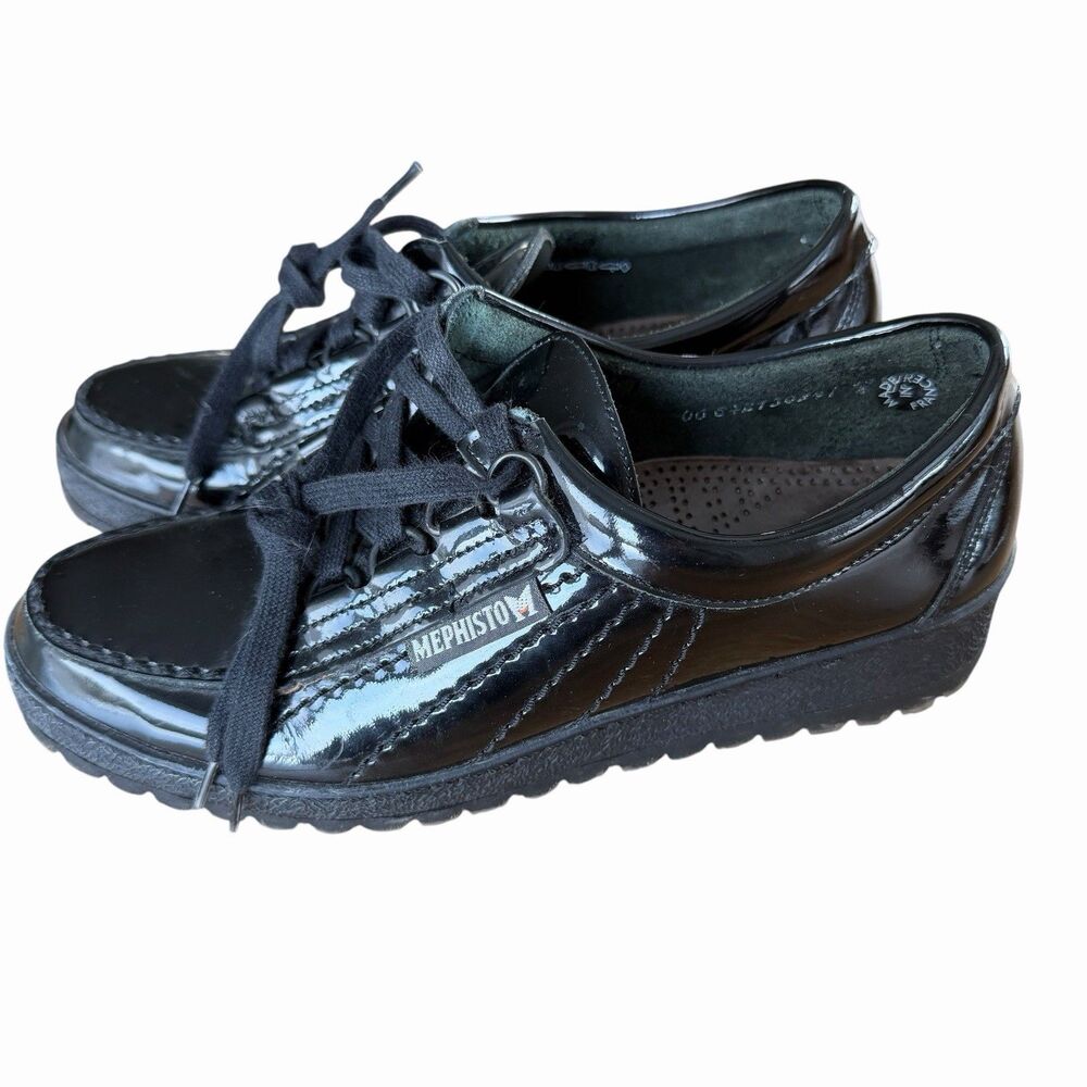 Y2K 2000s Womans Mephisto Black Patent Leather Air Relax Comfort Lace-Up Shoes
